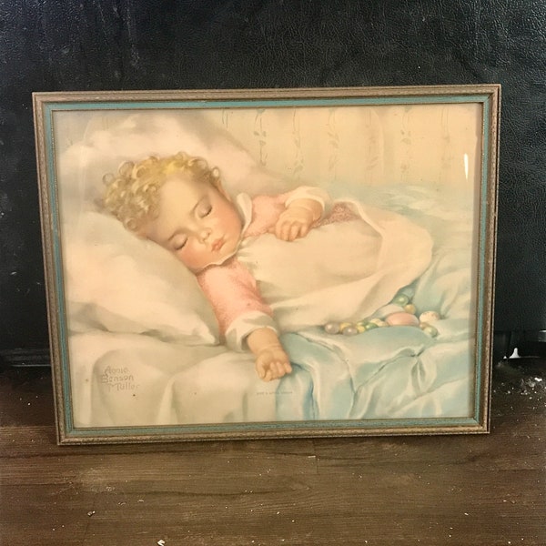 Antique Framed Print of Annie Benson Muller Just A Little Dream Baby sleeping Nursery wall decor Shower Gift Wood wooden ornate frame