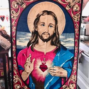 Large Vintage Sacred Heart of Jesus cloth Tapestry wall hanging Religious Church decor made in Turkey 100% Cotton material Retro decor