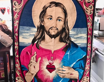 Tapiz de tela grande vintage del Sagrado Corazón de Jesús para colgar en la pared, decoración de iglesia religiosa, hecho en Turquía, material 100 % algodón, decoración retro.