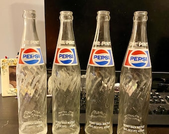 Tall Vintage Glass Pepsi Cola bottles 16 oz set of 4 Collectible from 1960's retro Kitchen table Bar decor Soda memorabilia