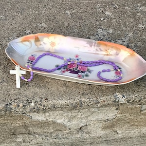 Bavaria German porcelain long dish Vintage Rose pattern Hand decorated Ring dish Jewelry vanity tray Gift for her number 620 pink Floral