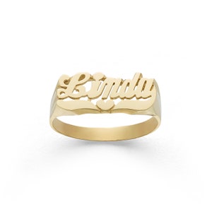 Custom Gold Name Ring | Solid Gold 10k or 14k Gold | Fine Jewelry | Classic Script Heart Tail - SMALL (Item: LEE103B )