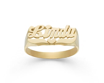 Custom Gold Name Ring | Solid Gold 10k or 14k Gold | Fine Jewelry | Classic Script Heart Tail - SMALL (Item: LEE103B )