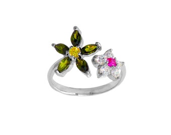CS40Z Sterling silver Jewelry Color CZs on Five Petals of Two Flower Designed Pinky Finger or Toe Ring