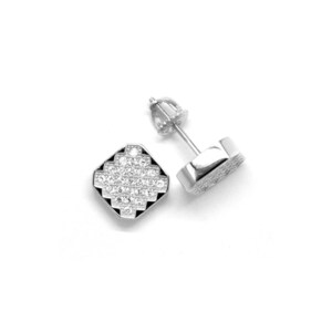 May include: A pair of silver square stud earrings with a diamond-like pattern.