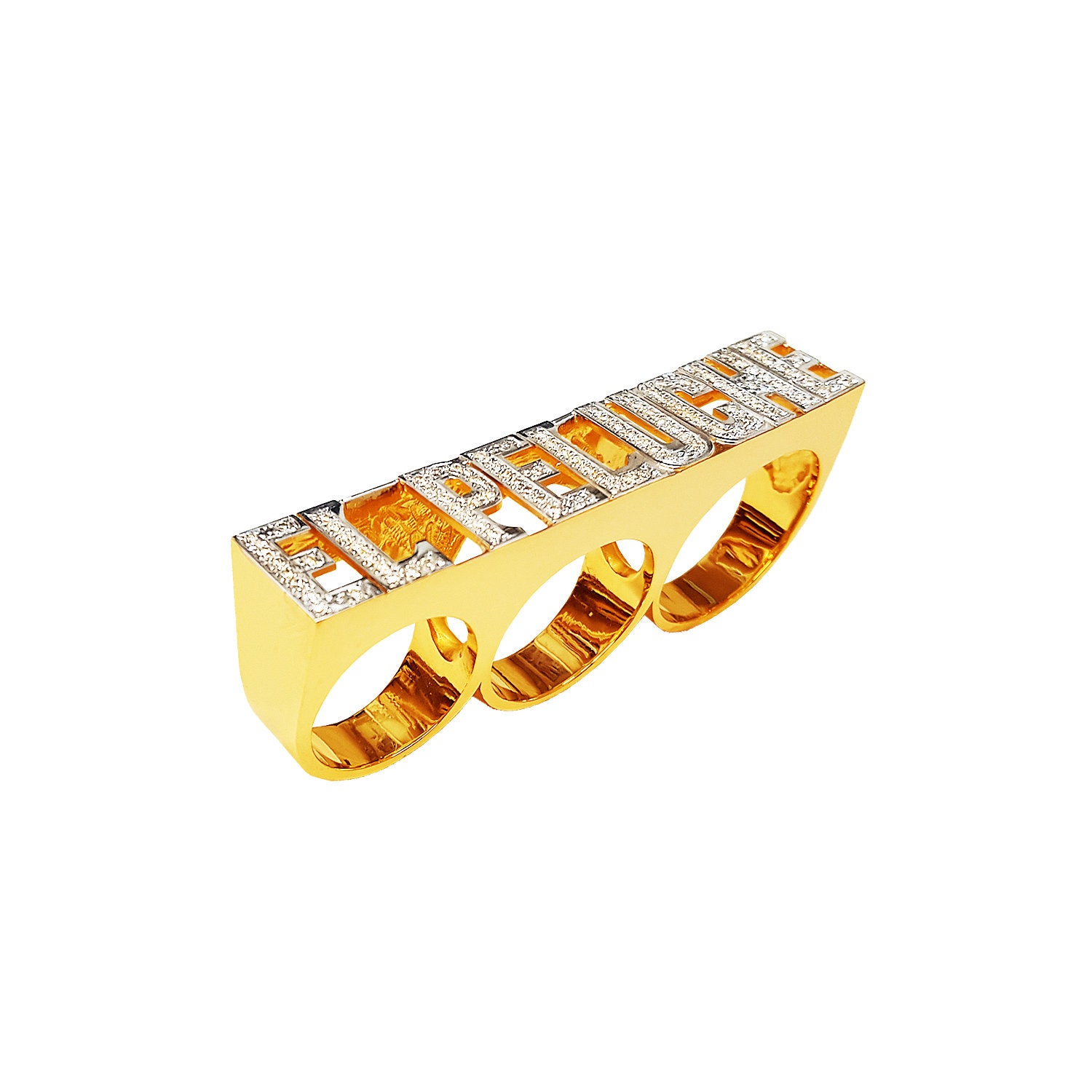 Custom Gold Name Ring | Sold Gold 10k or 14k | Fine Jewelry | Block Letters Cubic Zirconia | Three Finger Ring (Item: LEE133C-3 )