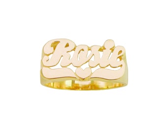 Custom Gold Name Ring | Solid Gold 10k or 14k Gold | Classic Script Heart Tail (8.0 mm Large size for Baby ring)  (Item: LEE103L )
