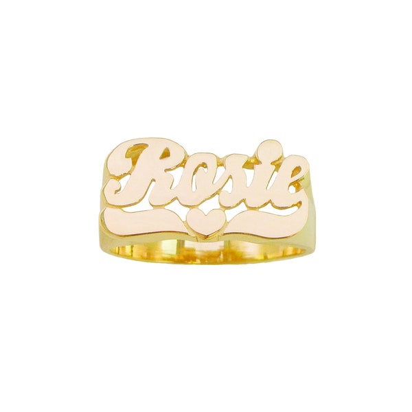 Custom Gold Name Ring | Solid Gold 10k or 14k Gold | Fine Jewelry | Classic Script Heart Tail - 8mm size (Item: LEE103L )