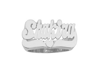 Custom Silver Name Ring | Solid Sterling Silver | Rhodium Plated | Fine Jewelry | Classic Script Heart Tail (Item: SNS111 )