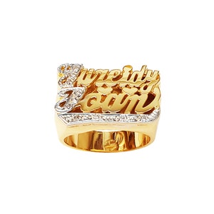 Custom Gold Name Ring | Solid Gold 10k or 14k | Fine Jewelry | Two Names Two Hearts Diamonds (Item: LEE089D )