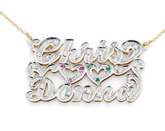 Solid Gold Name Necklace | Custom Fine Jewelry | 16" or 18" Chain | Lovers Necklace | Two Names (Item: LEE380CZ )