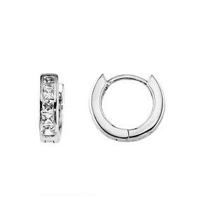 Orecchini a cerchio Huggie in argento sterling: zirconi cubici taglio principessa, misura piccola 15 mm