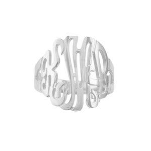 May include: A silver ring with a monogram design. The ring is made of a single piece of metal and features a stylized design of three letters.