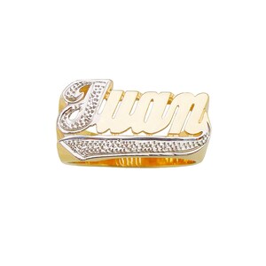Anel de ouro personalizado com nome | Ouro maciço 10k ou 14k | Joias finas | Corte pavê na primeira letra e cauda reta (Item: LEE116D)