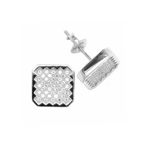 May include: A pair of silver square stud earrings with a pave setting of clear cubic zirconia stones.