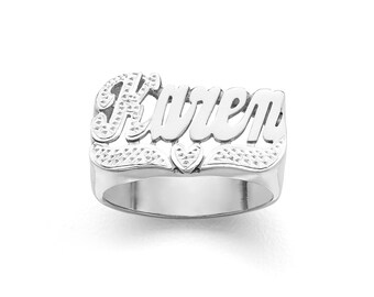 Custom Silver Name Ring | Solid Sterling Silver | Fine Jewelry | Sparkling First Initial and Heart Tail (Item: SNS112M )