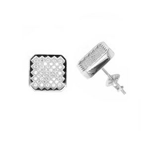 ES905-m Sterling silver 10 mm Medium Size High Quality Micro Pave Square with Corner Cut Shape Screw Post Earring