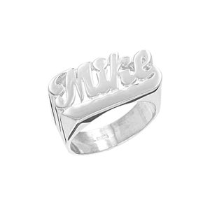 May include: Silver ring with the name "Mike" engraved in a cursive font.