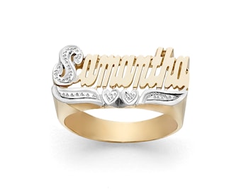 9.5 mm Medium size Custom Gold Name Ring | Solid Gold 10k or 14k | Pave Cut on First Letter and Double Heart Tail (Item: LEE113D )