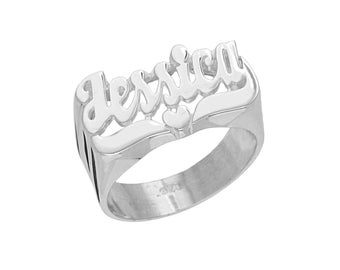 Custom Silver Name Ring | Solid Sterling Silver | Fine Jewelry | Rhodium Plated | Script Heart Tail Large (Item: SNS111B )
