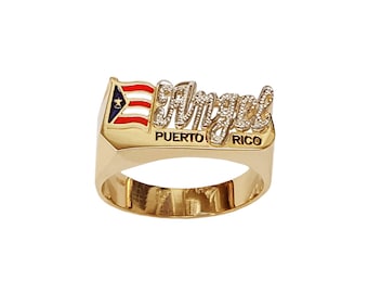 10mm size (Lee169MD) Custom Gold Name Ring, Solid Gold 10k or 14k Fine Jewelry, Accented Script National Flag Ring