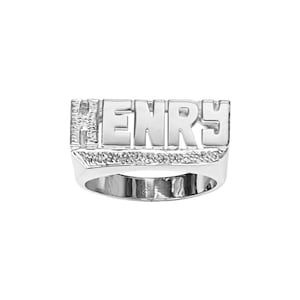 Custom Silver Name Ring | Solid Sterling Silver | Plated in Rhodium | Fine Jewelry | Accented Block Letters (Item: SNS126 )