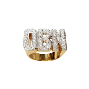 Anel grande de 12 mm com inicial de bloco e diamantes de 0,4 quilates, anel de ouro personalizado com nome | Ouro maciço 10k ou 14k (Item: LEE133BD)