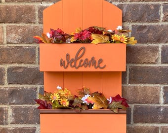 Letrero de bienvenida de madera otoñal, maceta estilo rústico, decoración para el porche