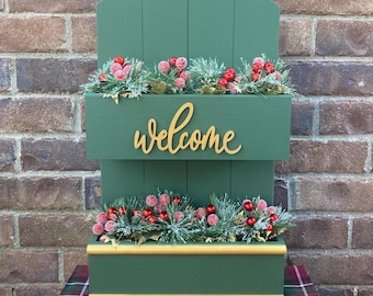 Christmas Wood Welcome Sign, Holiday Planter Box Decor