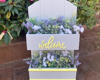 Letrero de bienvenida de madera hecho a mano, maceta para flores de primavera, decoración para el porche