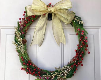 Corona navideña roja y dorada - Decoración navideña para la puerta de entrada