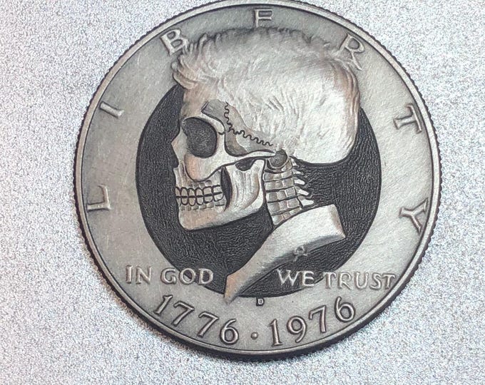 Hobo Nickel Skull Coin: Hand Carved Bicentennial Half Dollar, Memento Mori