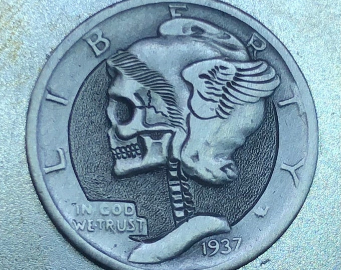 Hobo Nickel Skull By M.J. Petitdemange engraved 90% silver mercury dime, coin,memento mori,carved skull,Jewelry,Art-metal,Day of the Dead