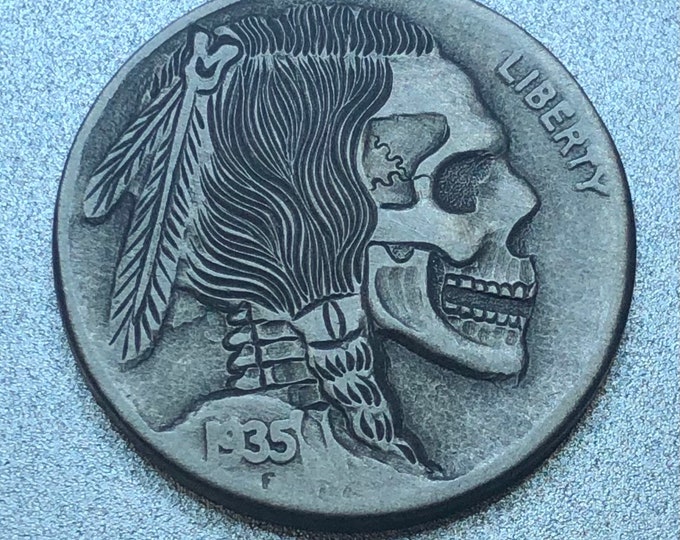 Hobo Nickel Skull By M.J. Petitdemange engraved coin,memento mori skull Jewelry Art-metal-Groomsman gift for Husband