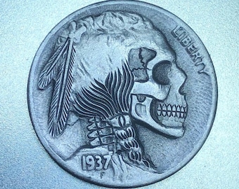 Hobo Nickel Skull By M.J. Petitdemange engraved coin,memento mori,carved skull,Jewelry,Art-metal Husband gift