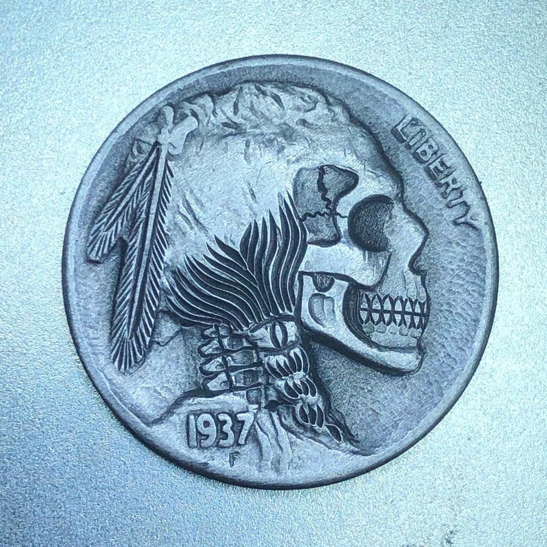 Hobo Nickel Skull By M.J. Petitdemange engraved coinmemento image 1