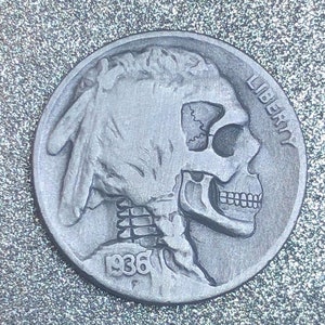 Hobo Nickel Skull By M.J. Petitdemange engraved coin,memento mori,carved skull,Jewelry,Art-metal-Groomsman gift-Halloween,Day of the Dead