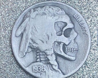Hobo Nickel Skull By M.J. Petitdemange engraved coin,memento mori,carved skull,Jewelry,Art-metal-Groomsman gift-Halloween,Day of the Dead