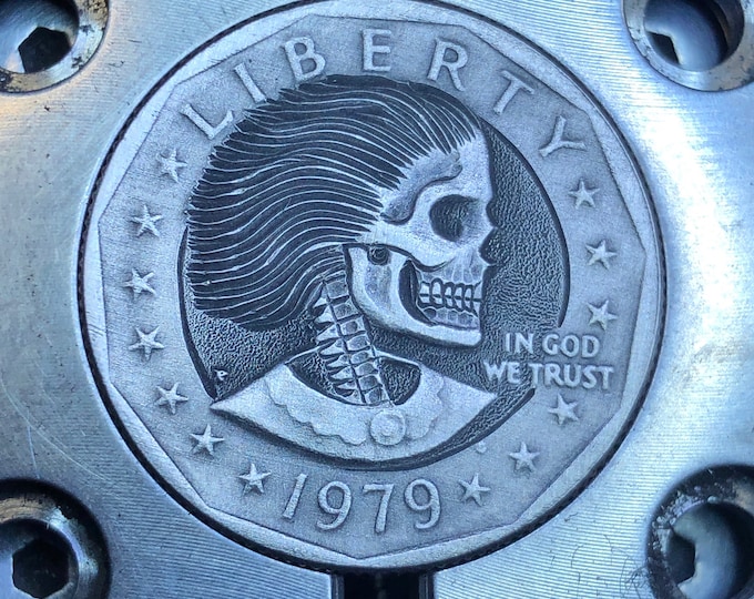 Hobo Nickel S. B. Anthony Skull  By M.J. Petitdemange  pocket-art-Challenge Coin-Handcarved-Folkart-Jewelry-Art-Groomsmen gift-edc-handmade