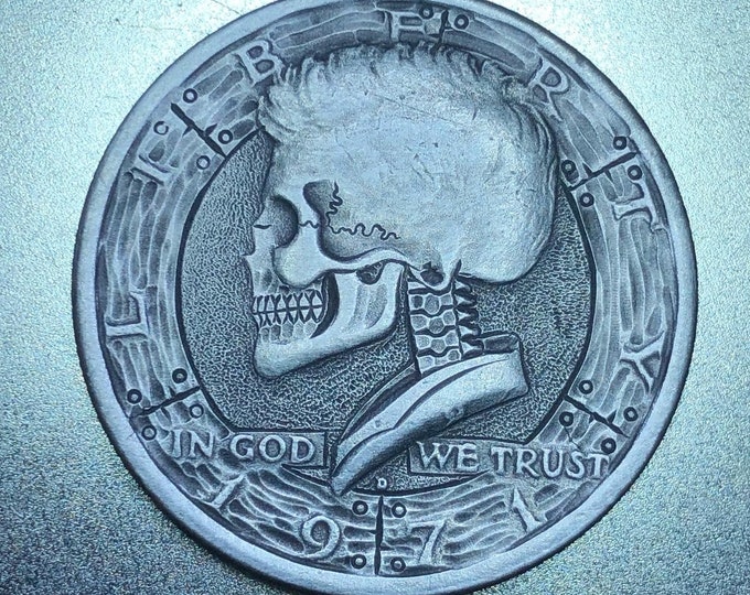 Hobo Nickel Skull By M.J. Petitdemange engraved Challenge Coin,memento mori,skull,Jewelry,Art-metal-Groomsmen gift-Halloween art for husband