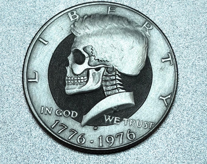Hobo Nickel Skull Coin: Hand Carved Bicentennial Half Dollar, Memento Mori