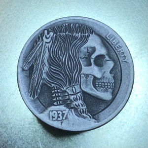 Hand Engraved Hobo Nickel Skull Coin: Memento Mori Jewelry