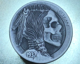 Hobo Nickel Skull By M.J. Petitdemange hand engraved Challenge Coin,keychain, necklace, memento mori,carved, Jewelry, fathers day gift
