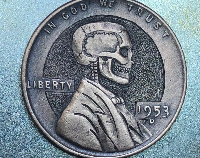 Hobo Nickel Penny Skull By M.J. Petitdemange engraved coin,memento mori,carved -Jewelry,Art-metal-Groomsman gift-Halloween,Day of the Dead