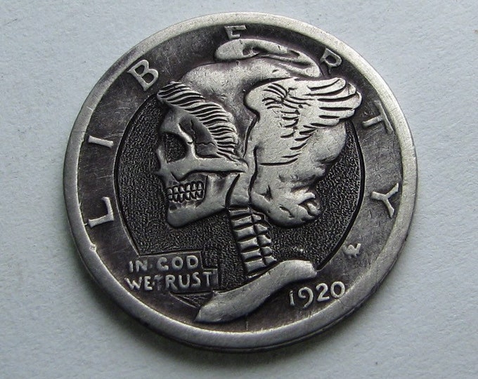Hobo Nickel Skull By M.J. Petitdemange engraved 90% silver mercury dime, coin,memento mori,carved skull,Jewelry,Art-metal,Day of the Dead