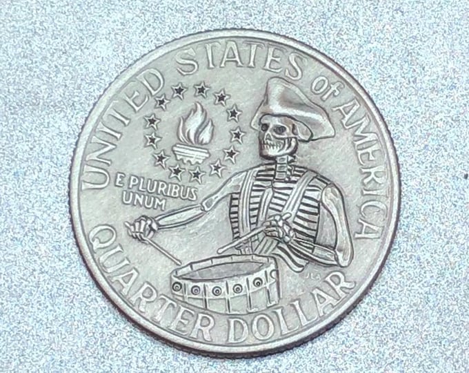 Engraved Skull/Skeleton Hobo Nickel: 1976 Bicentennial Quarter Memento Mori Art