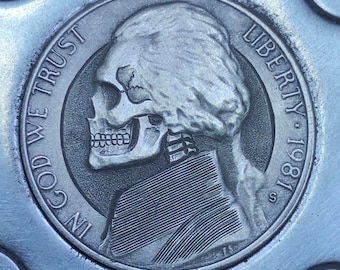 Hobo Nickel Skull By M.J. Petitdemange-fathers day gift-day of the dead-hand engraved