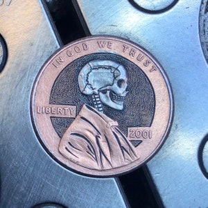 Hobo Nickel Penny Skull By M.J. Petitdemange engraved coin,memento mori,carved -Jewelry,Art-metal-Groomsman gift-Halloween,Day of the Dead