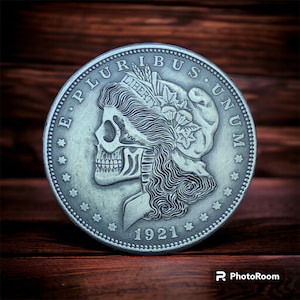 Hand Carved Morgan Silver Dollar Hobo Nickel Skull Art by M.J Petitdemange