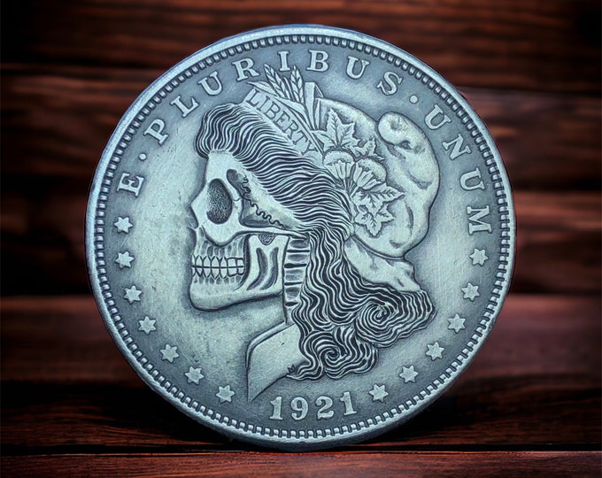 Hand Carved Authentic Morgan Silver Dollar Hobo Nickel Skull By M.J Petitdemange, memento mori, skull art, metal, tattoo, edc, folk art
